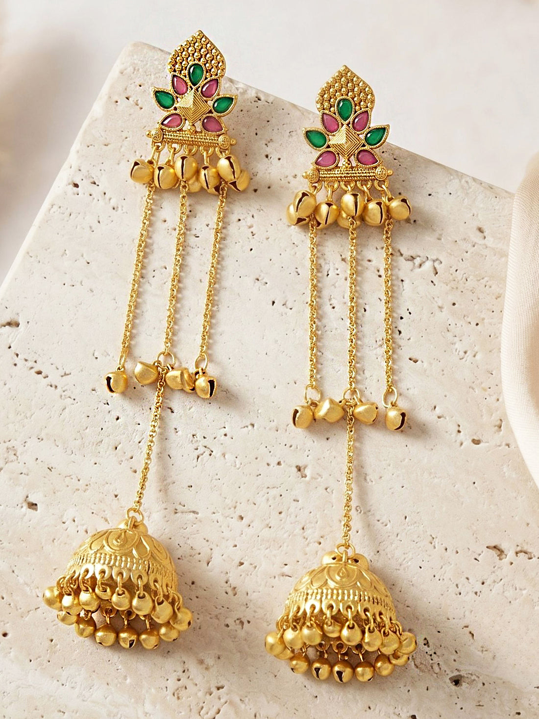 KARATCART Traditional Gold-Plated Green & Pink Stone Floral Long Jhumka Earrings for Women