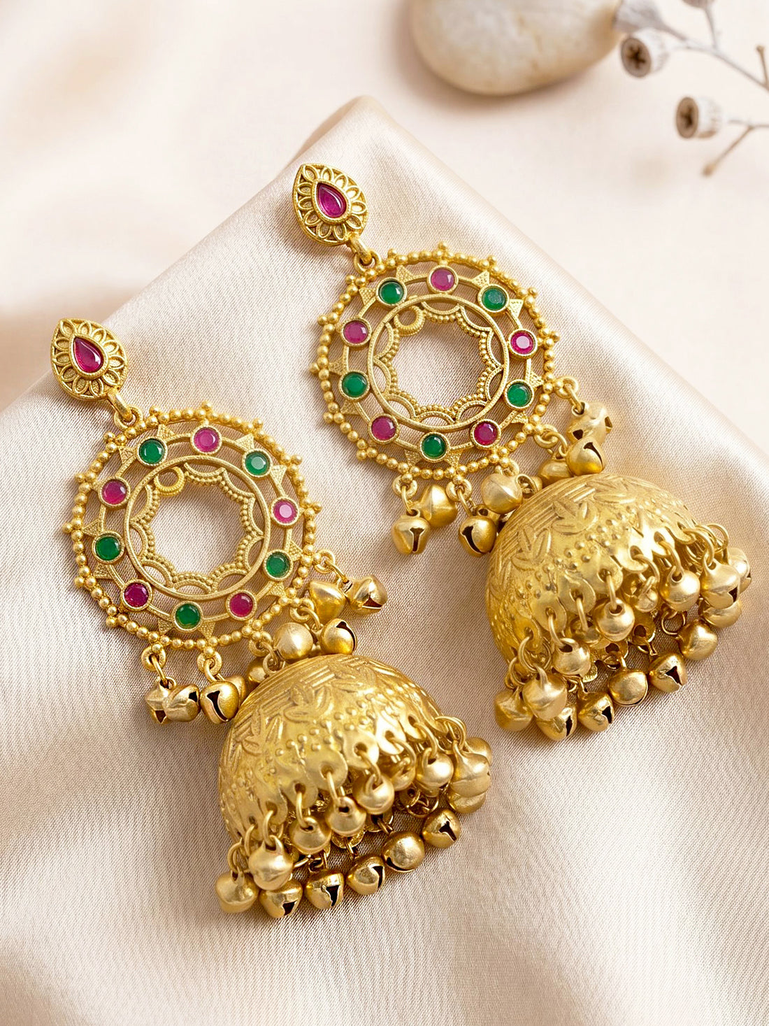 KARATCART Designer Gold-Plated Green & Pink Stone Circular Ghungroo Jhumka Earrings for Women