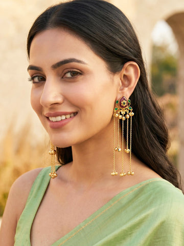 KARATCART Traditional Gold-Plated Red & Green Stone Floral Ghungroo Long Tassel Earrings for Women