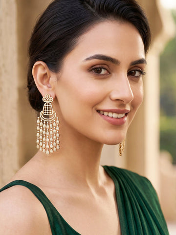 KARATCART Designer Mehndi Gold-Plated American Diamond Long Dangler Earrings for Women