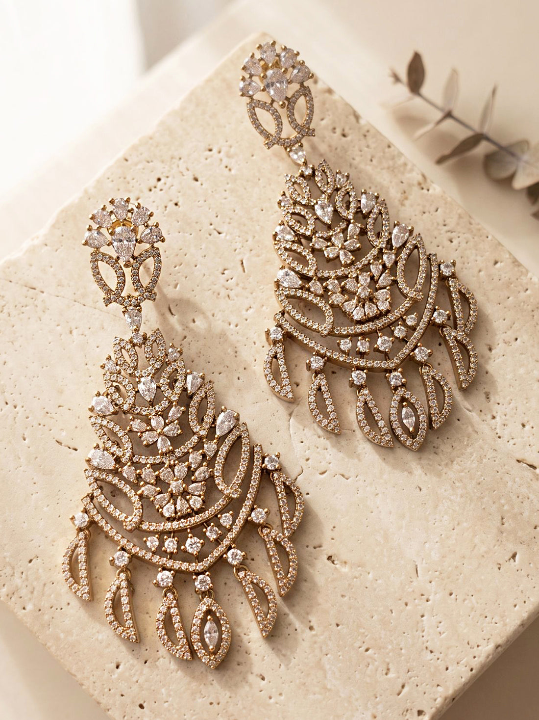 KARATCART Premium Mehndi Gold-Plated American Diamond Long Dangler Earrings for Women