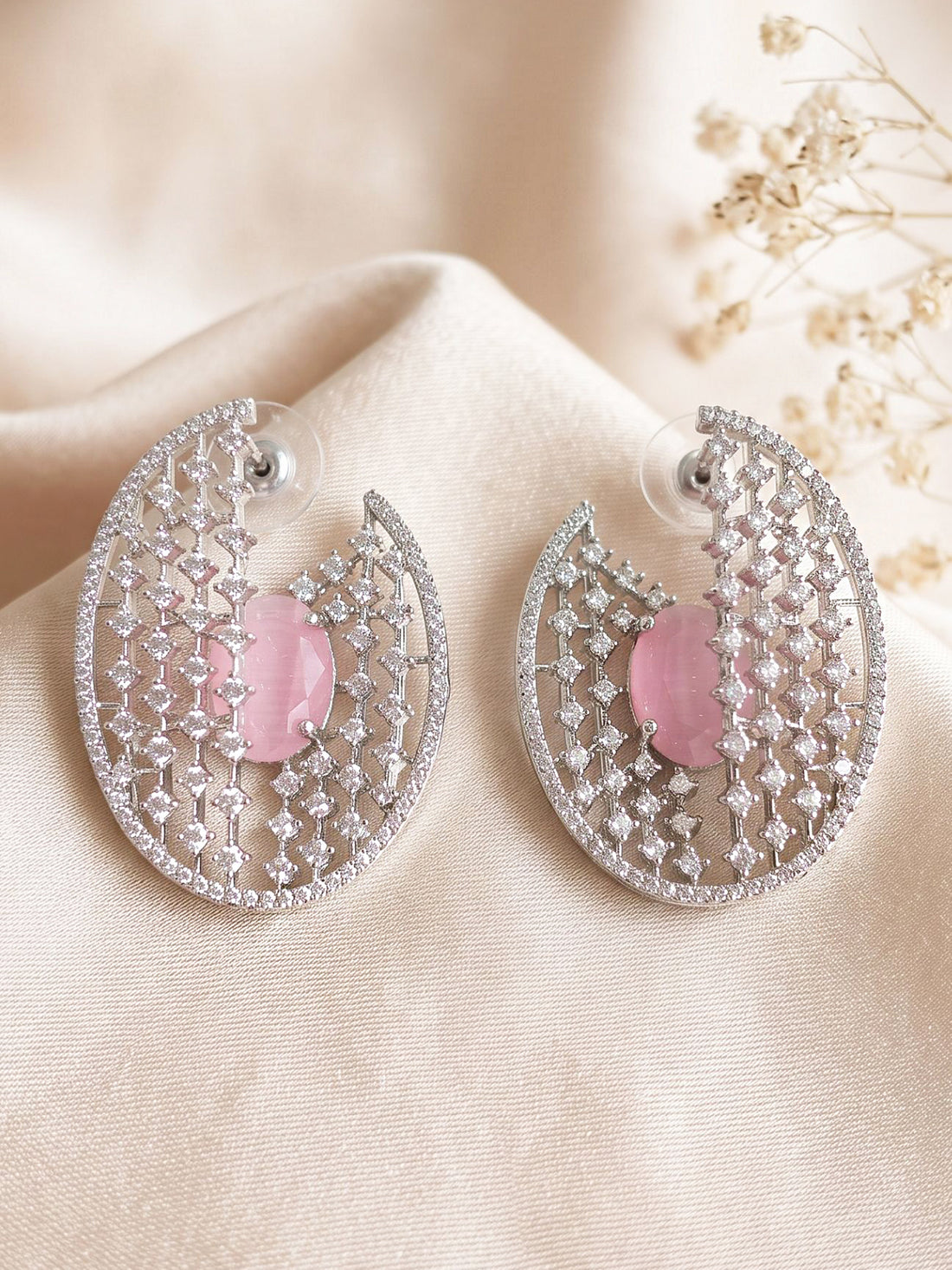 KARATCART Designer Silver-Plated Pink American Diamond Oval Stud Earrings for Women