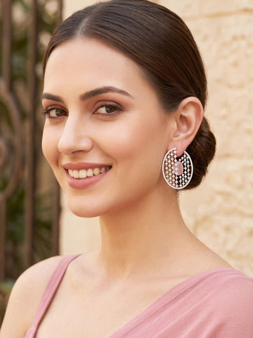 KARATCART Designer Silver-Plated Pink American Diamond Oval Stud Earrings for Women