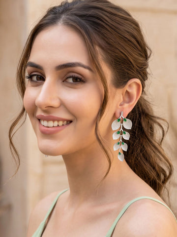 KARATCART Designer Silver-Plated Green American Diamond Leaf Shaped Long Dangler Earrings for Women