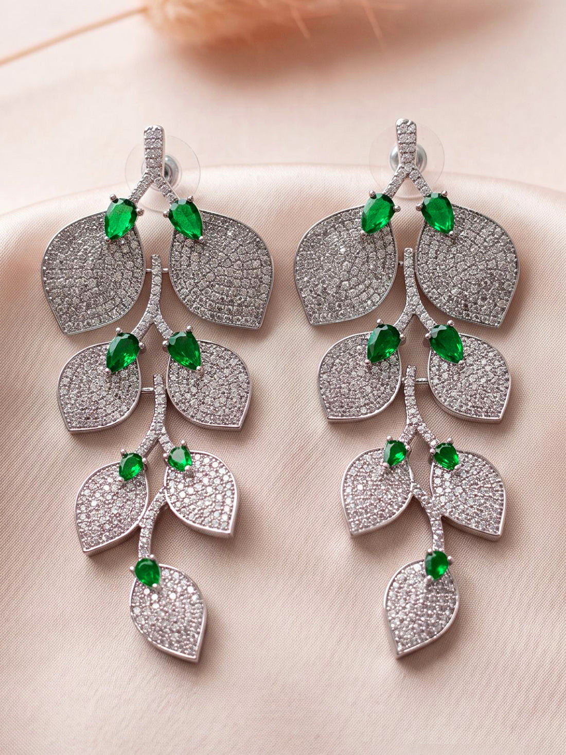 KARATCART Designer Silver-Plated Green American Diamond Leaf Shaped Long Dangler Earrings for Women
