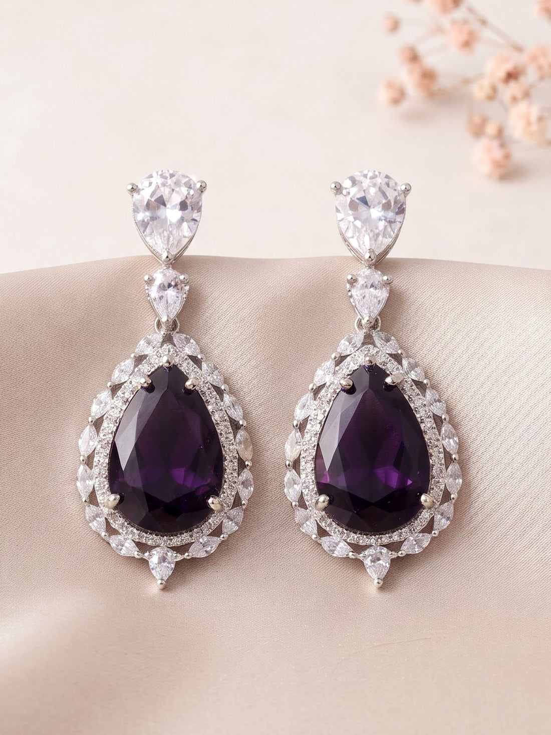 KARATCART Designer Silver-Plated Purple Drop American Diamond Earrings for Women