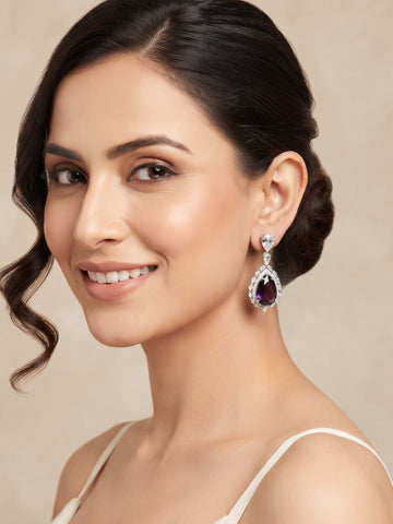 KARATCART Designer Silver-Plated Purple Drop American Diamond Earrings for Women