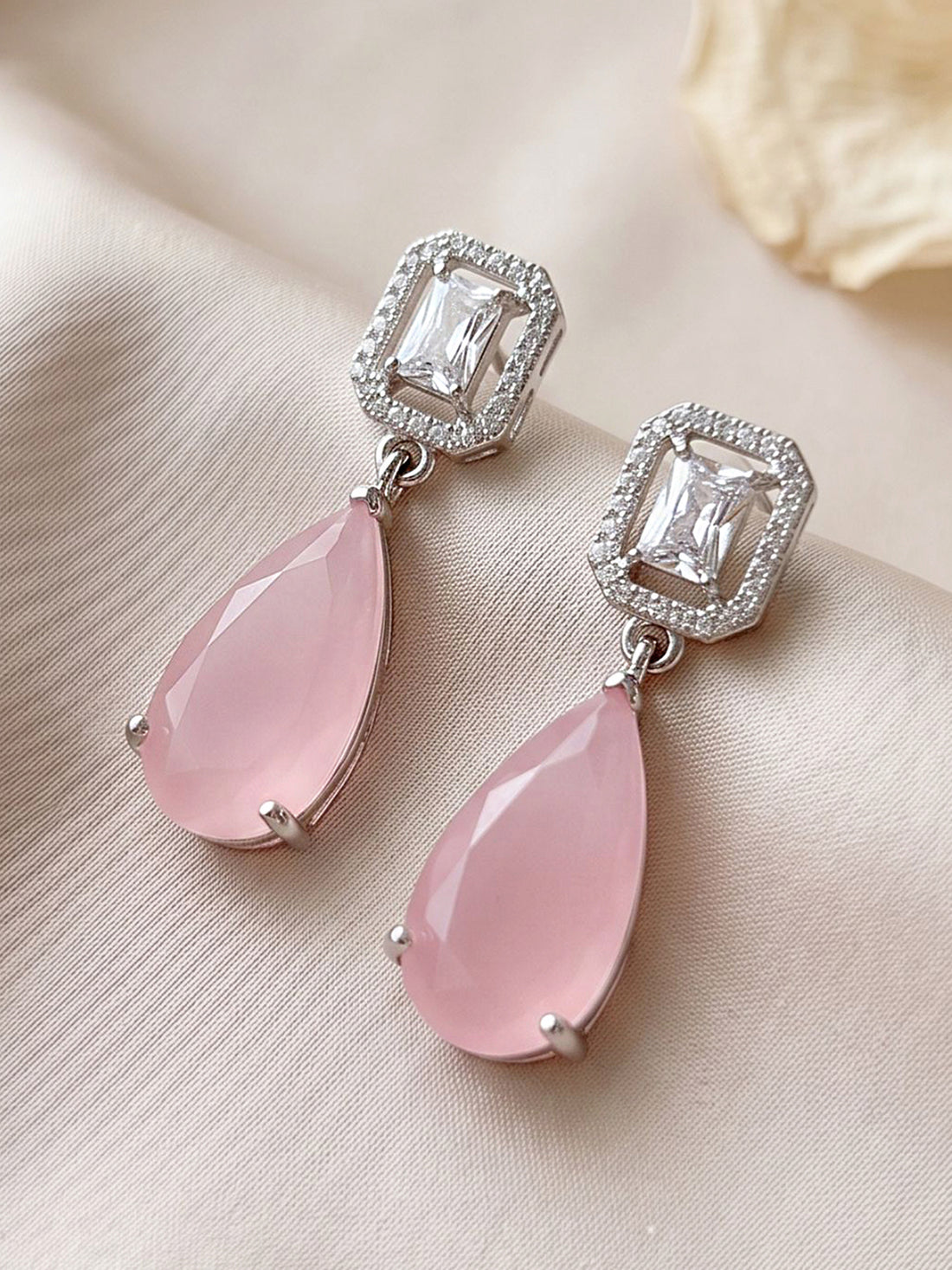 KARATCART Designer Silver-Plated Pink American Diamond Drop Earrings for Women