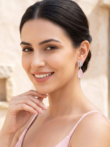 KARATCART Designer Silver-Plated Pink American Diamond Drop Earrings for Women