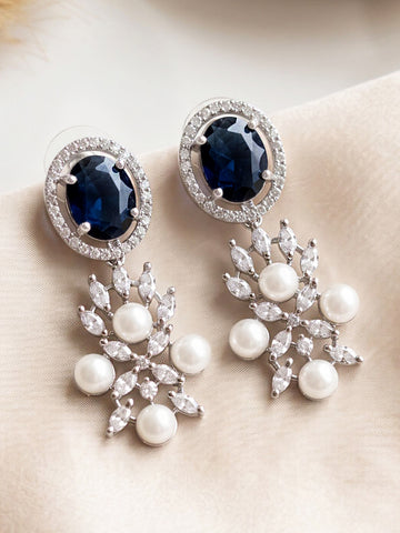 KARATCART Designer Silver-Plated Blue American Diamond and Pearl Drop Earrings for Women