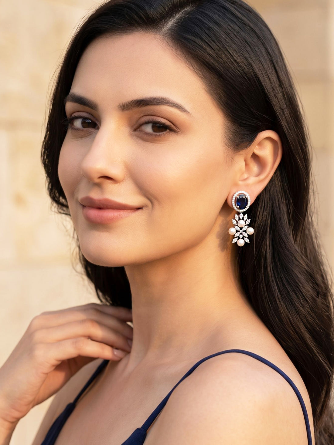 KARATCART Designer Silver-Plated Blue American Diamond and Pearl Drop Earrings for Women