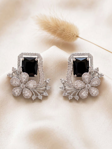 KARATCART Designer Silver-Plated Black American Diamond Floral Stud Earrings for Women