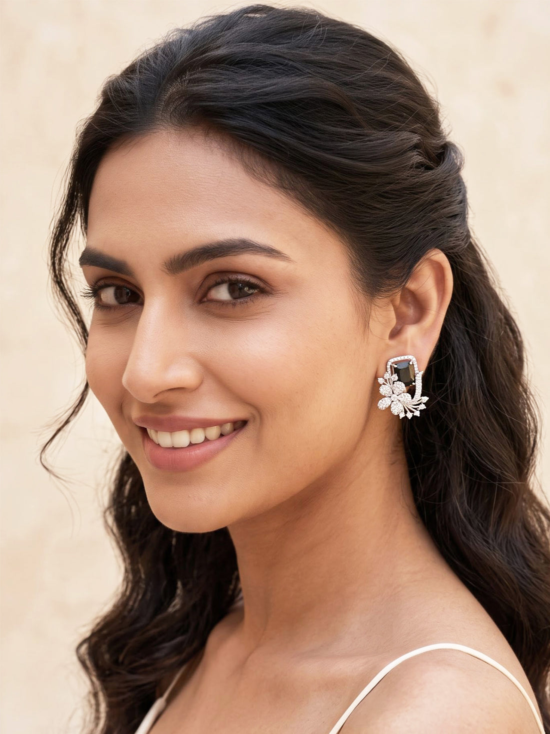 KARATCART Designer Silver-Plated Black American Diamond Floral Stud Earrings for Women