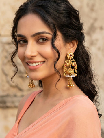 KARATCART Traditional Gold-Plated Red Peacock Design Ghungroo Jhumka Dangler Earrings for Women
