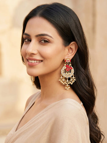 KARATCART Premium Gold-Plated Red Enamel Kundan Pearl Dangler Earrings for Women