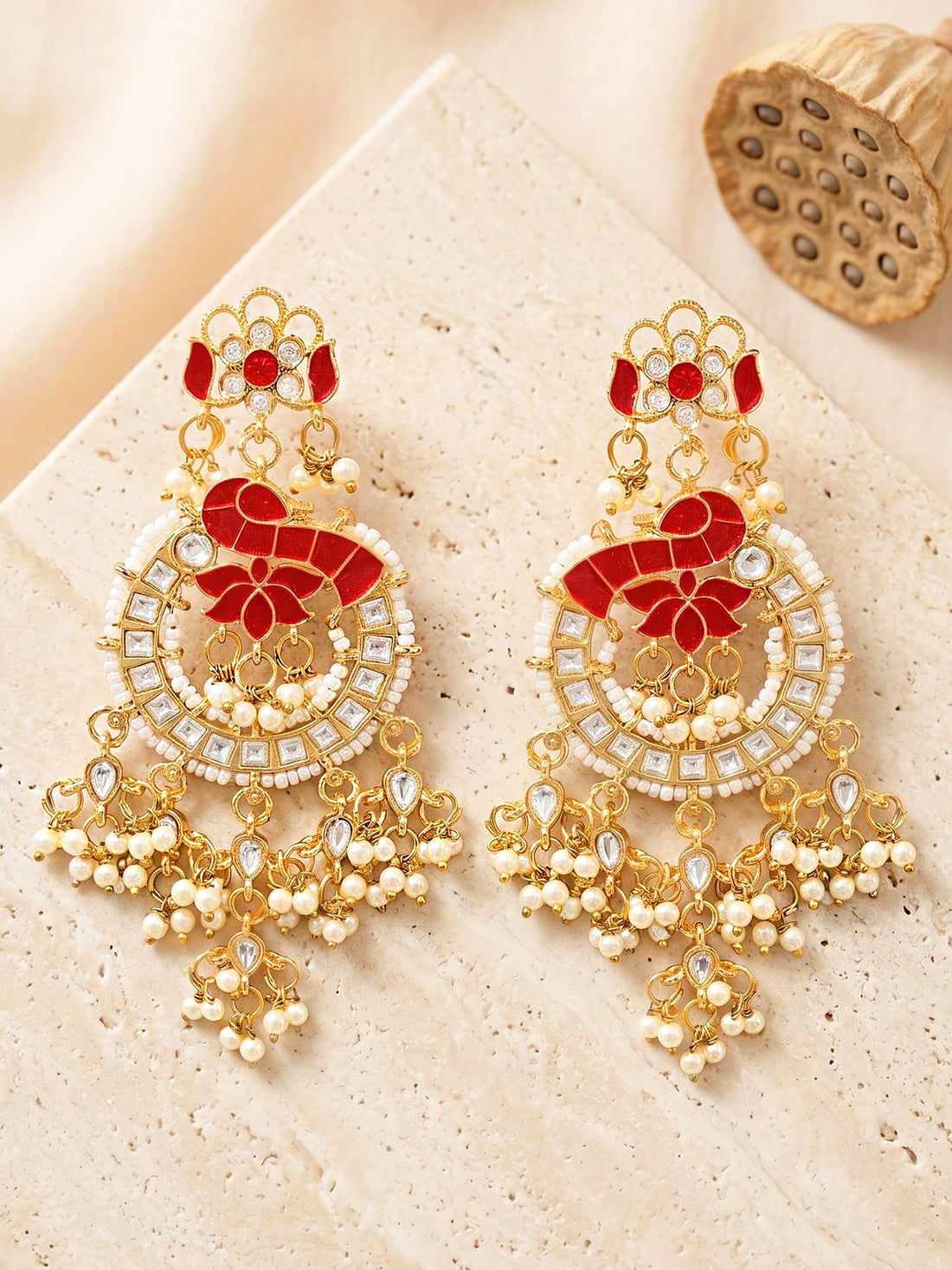 KARATCART Premium Gold-Plated Red Enamel Kundan Pearl Dangler Earrings for Women