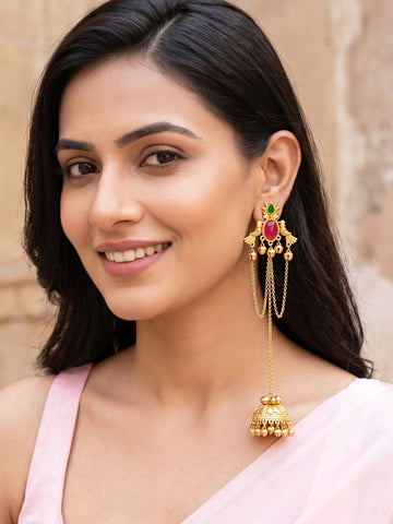 KARATCART Designer Gold-Plated Red Oval Stone Long Kashmiri Dangler Jhumki Earrings for Women