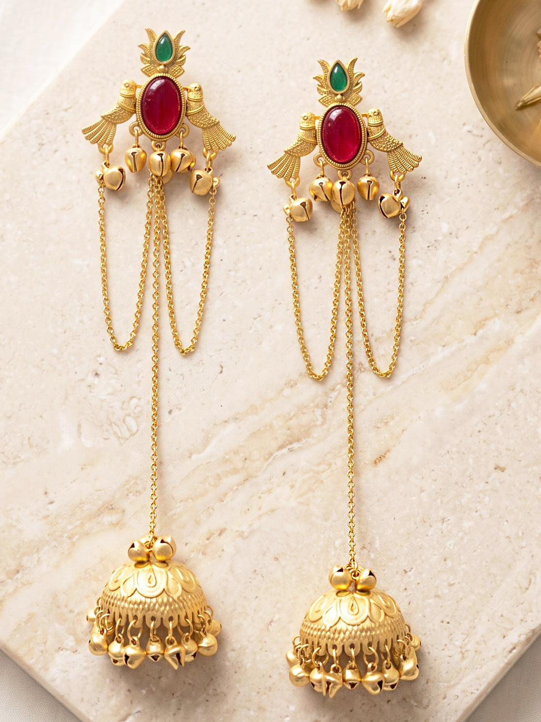 KARATCART Designer Gold-Plated Red Oval Stone Long Kashmiri Dangler Jhumki Earrings for Women