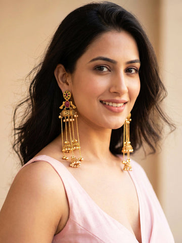 KARATCART Designer Gold-Plated Red Stone Bird Motif Long Kashmiri Dangler Earrings for Women
