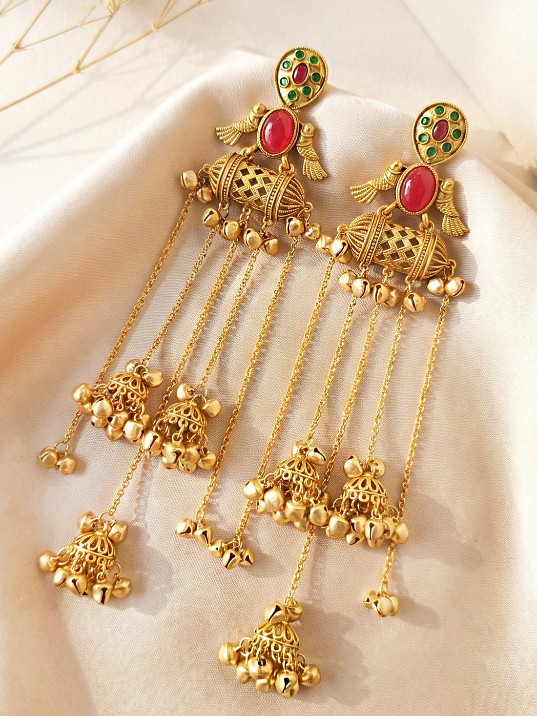 KARATCART Designer Gold-Plated Red Stone Bird Motif Long Kashmiri Dangler Earrings for Women