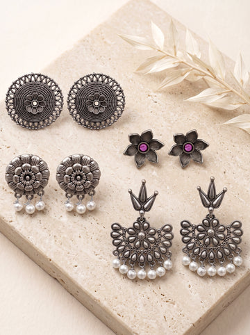 KARATCART Set of 4 Oxidized Silver Floral Earrings Combo for Women, Traditional Ethnic Earrings