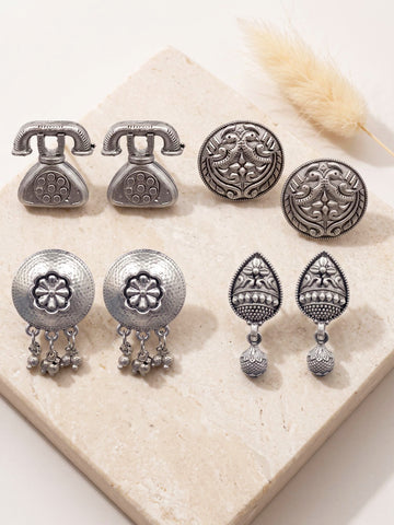 KARATCART Set of 4 Oxidized Silver Stud Earrings for Women, Traditional Ethnic Indian Earring Combo