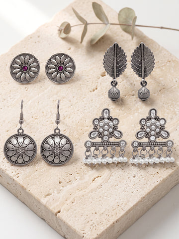 KARATCART Set of 4 Oxidized Silver Stud Earrings for Women, Traditional Ethnic Earring Combo