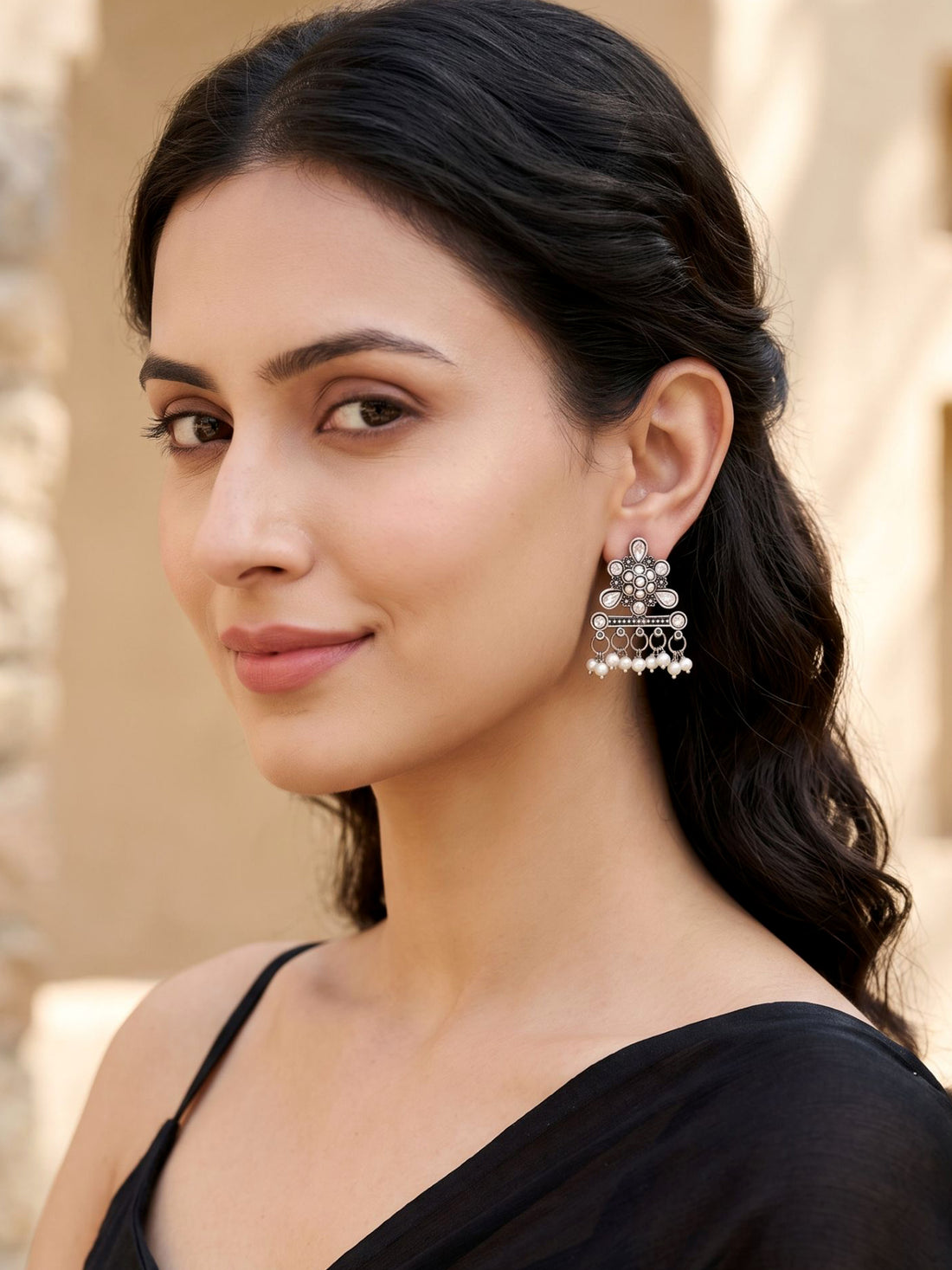 KARATCART Set of 4 Oxidized Silver Stud Earrings for Women, Traditional Ethnic Earring Combo
