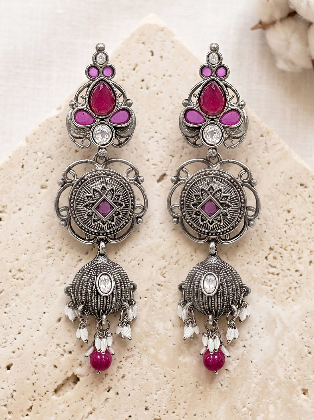 KARATCART Designer Oxidized Silver-Plated Red Stone Long Dangler Earrings for Women