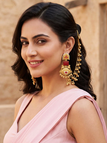 KARATCART Gold-Plated Peacock Motif Red Carved Stone Multi-Layer Ghungroo Kaanchain Earrings