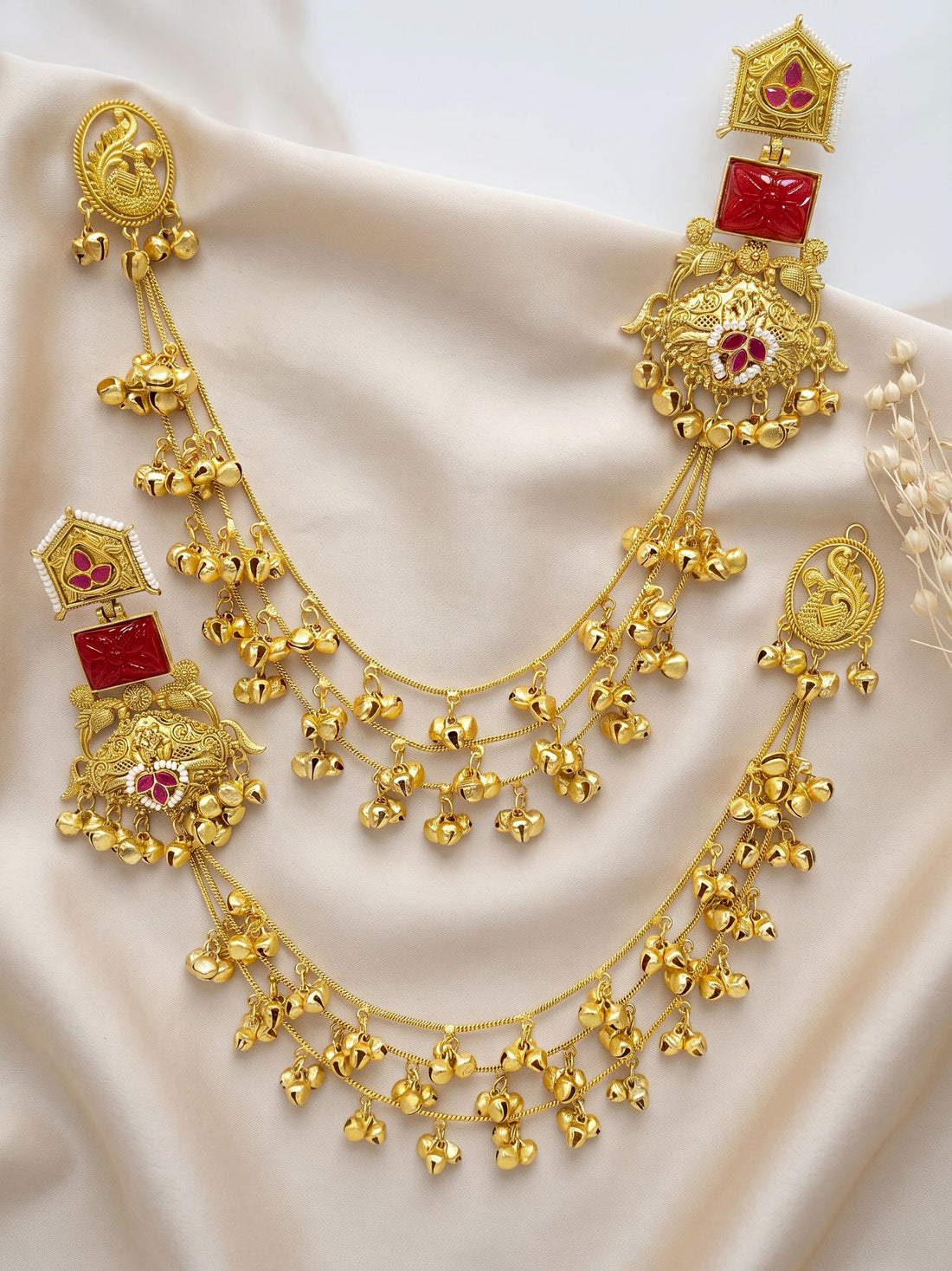 KARATCART Gold-Plated Peacock Motif Red Carved Stone Multi-Layer Ghungroo Kaanchain Earrings
