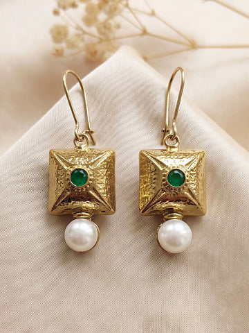 KARATCART Designer Gold-Plated Green Stone Square Pearl Drop Earrings for Women