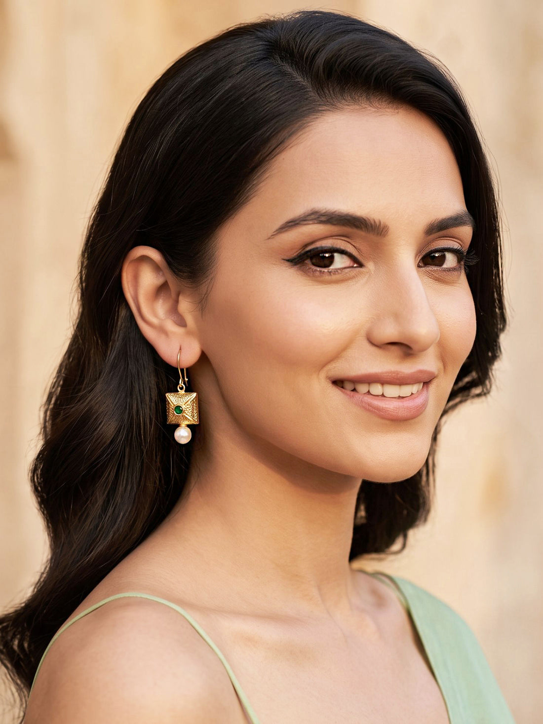 KARATCART Designer Gold-Plated Green Stone Square Pearl Drop Earrings for Women