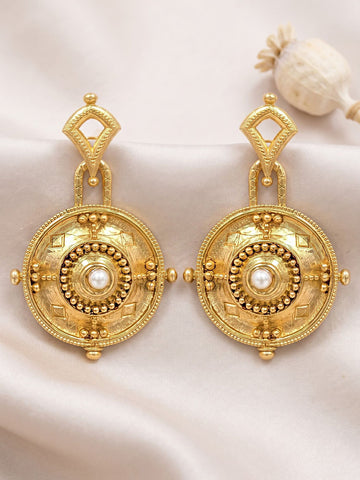 KARATCART Traditional Round Chakra Design Gold-Plated Pearl Dangler Earrings for Women