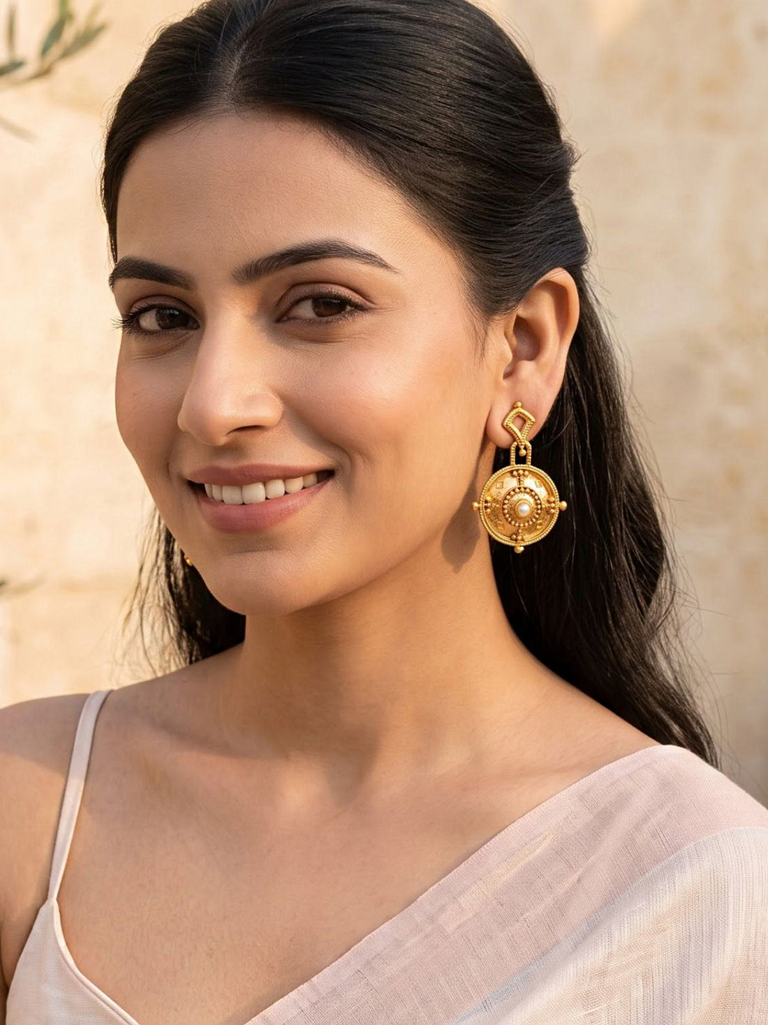 KARATCART Traditional Round Chakra Design Gold-Plated Pearl Dangler Earrings for Women