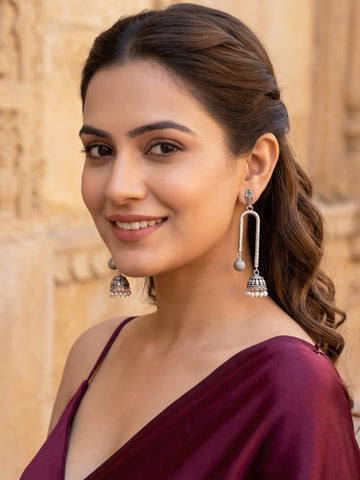 KARATCART Designer Oxidized Silver Long Dangler Jhumka Earrings with Pearl Beads for Women