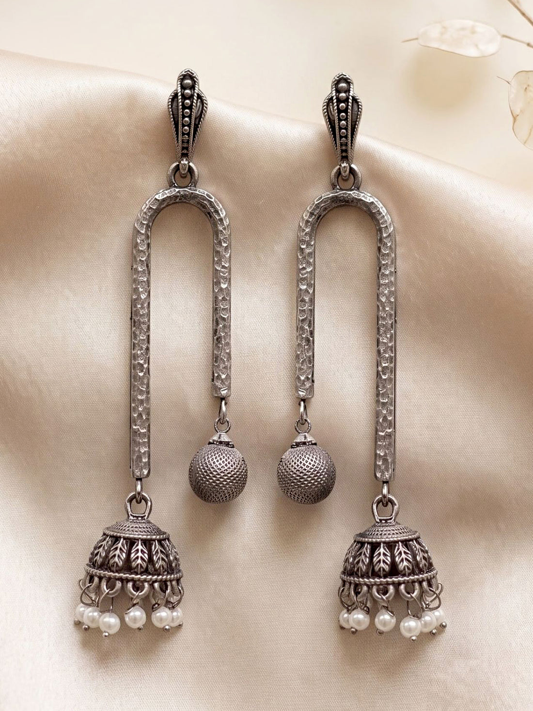 KARATCART Designer Oxidized Silver Long Dangler Jhumka Earrings with Pearl Beads for Women