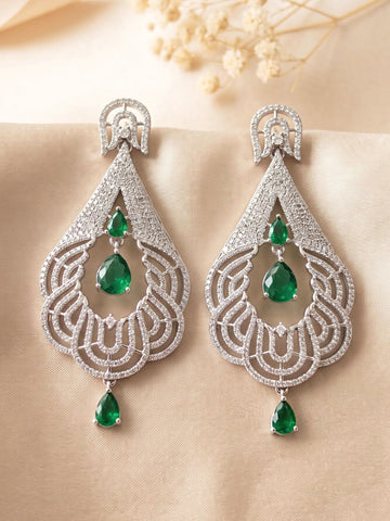 KARATCART Stylish Green American Diamond Studded Silver Dangler Earrings for Women
