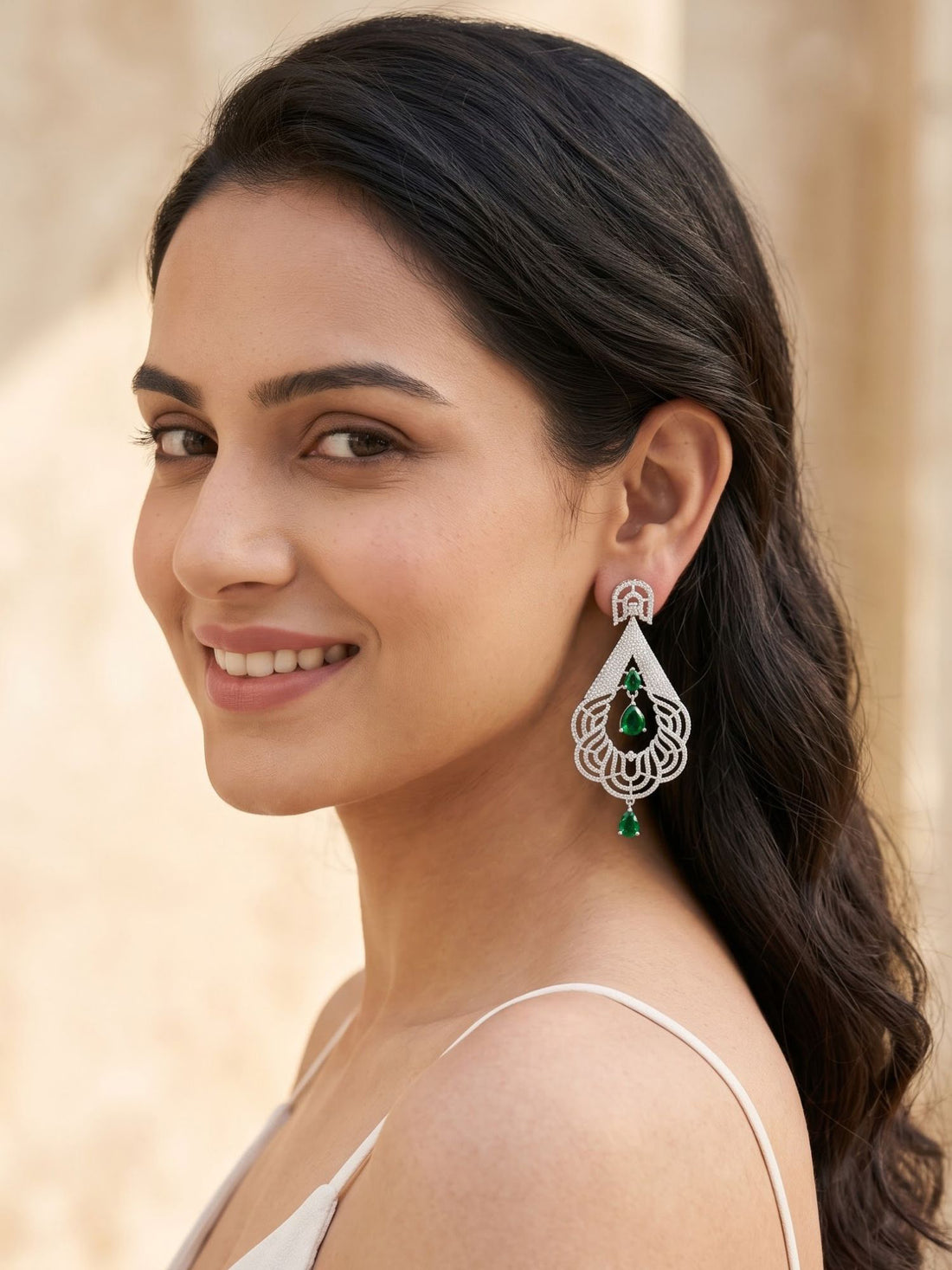 KARATCART Stylish Green American Diamond Studded Silver Dangler Earrings for Women