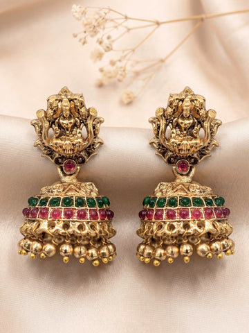 KARATCART Gold-Plated Mata Lakshmi Motif Red & Green Stone Jhumki Earrings for Women