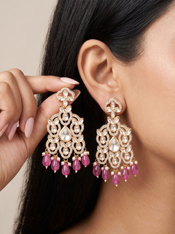 KARATCART Premium Gold-Plated White Polki Kundan Pink Drop Bead Dangler Earrings for Women