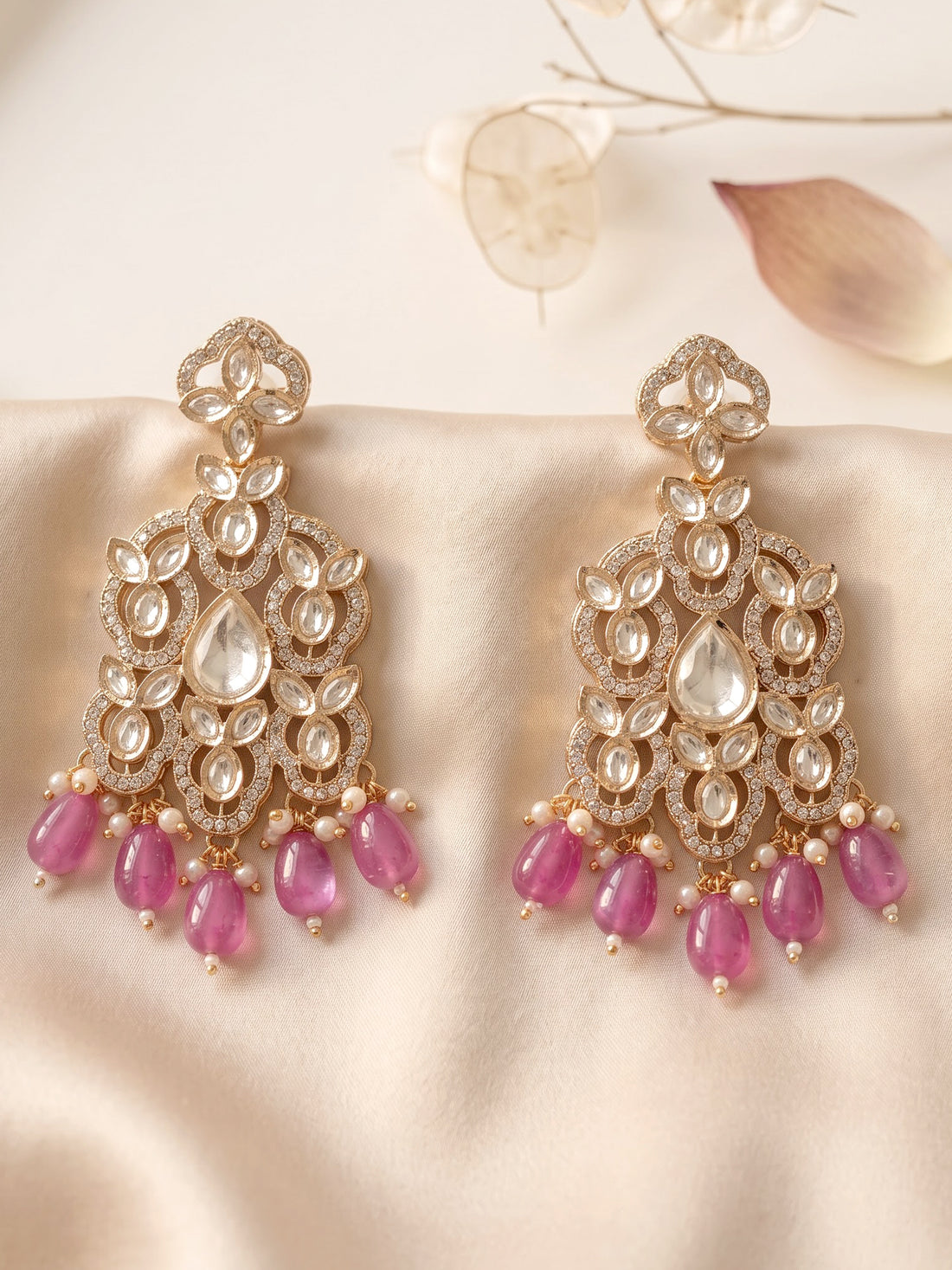 KARATCART Premium Gold-Plated White Polki Kundan Pink Drop Bead Dangler Earrings for Women