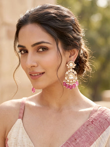 KARATCART Stylish Gold-Plated White Polki Kundan Pink Drop Bead Dangler Earrings for Women