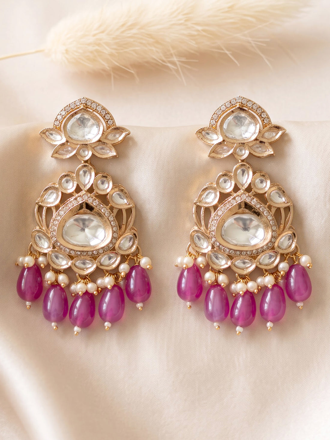 KARATCART Stylish Gold-Plated White Polki Kundan Pink Drop Bead Dangler Earrings for Women