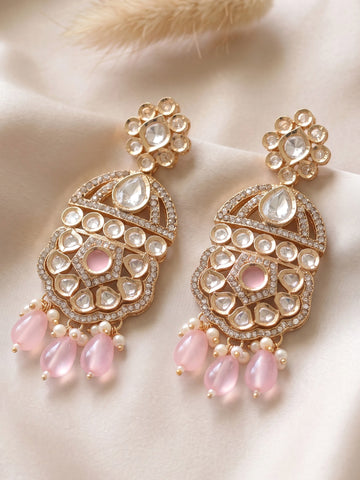 KARATCART Trendy Gold-Plated Polki Kundan Light Pink Drop Bead Dangler Earrings for Women