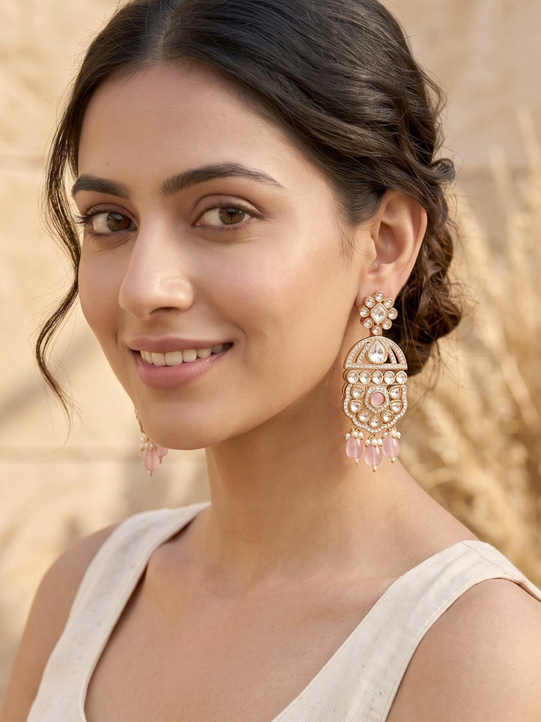 KARATCART Trendy Gold-Plated Polki Kundan Light Pink Drop Bead Dangler Earrings for Women