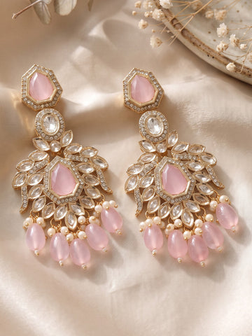 KARATCART Luxury Gold-Plated Polki Kundan Light Pink Drop Bead Dangler Earrings for Women
