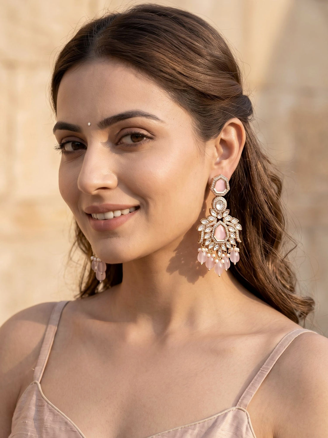 KARATCART Luxury Gold-Plated Polki Kundan Light Pink Drop Bead Dangler Earrings for Women
