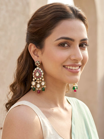 KARATCART Royal Gold-Plated Polki Kundan Red Green Beaded Dangler Earrings for Women