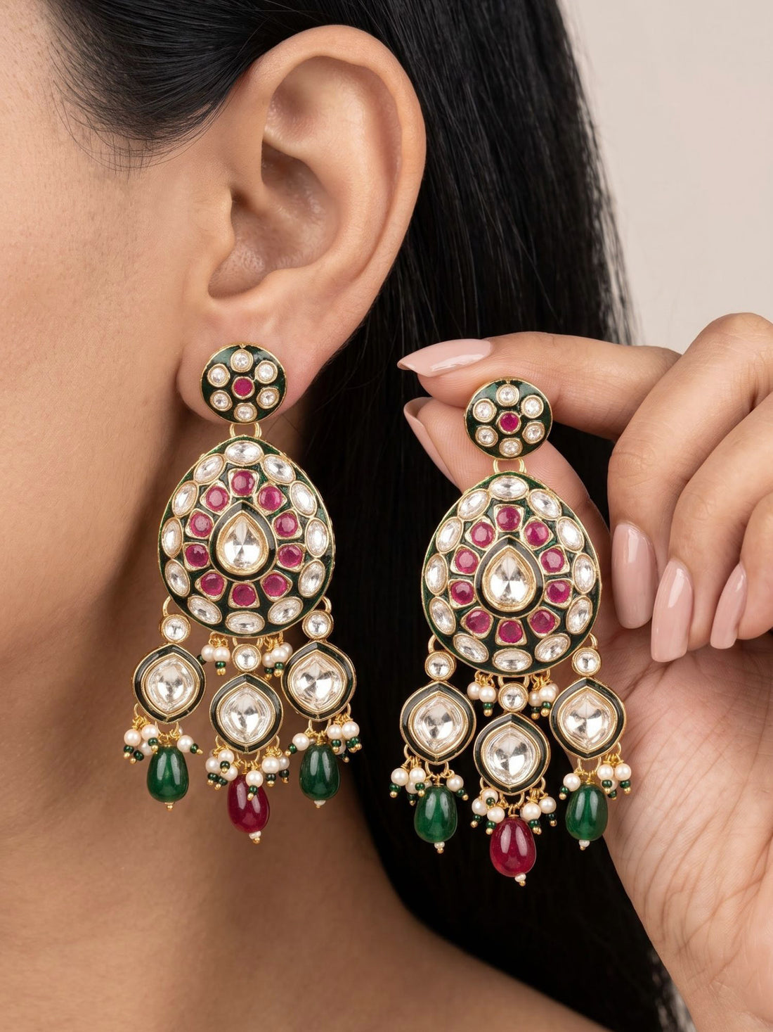 KARATCART Royal Gold-Plated Polki Kundan Red Green Beaded Dangler Earrings for Women